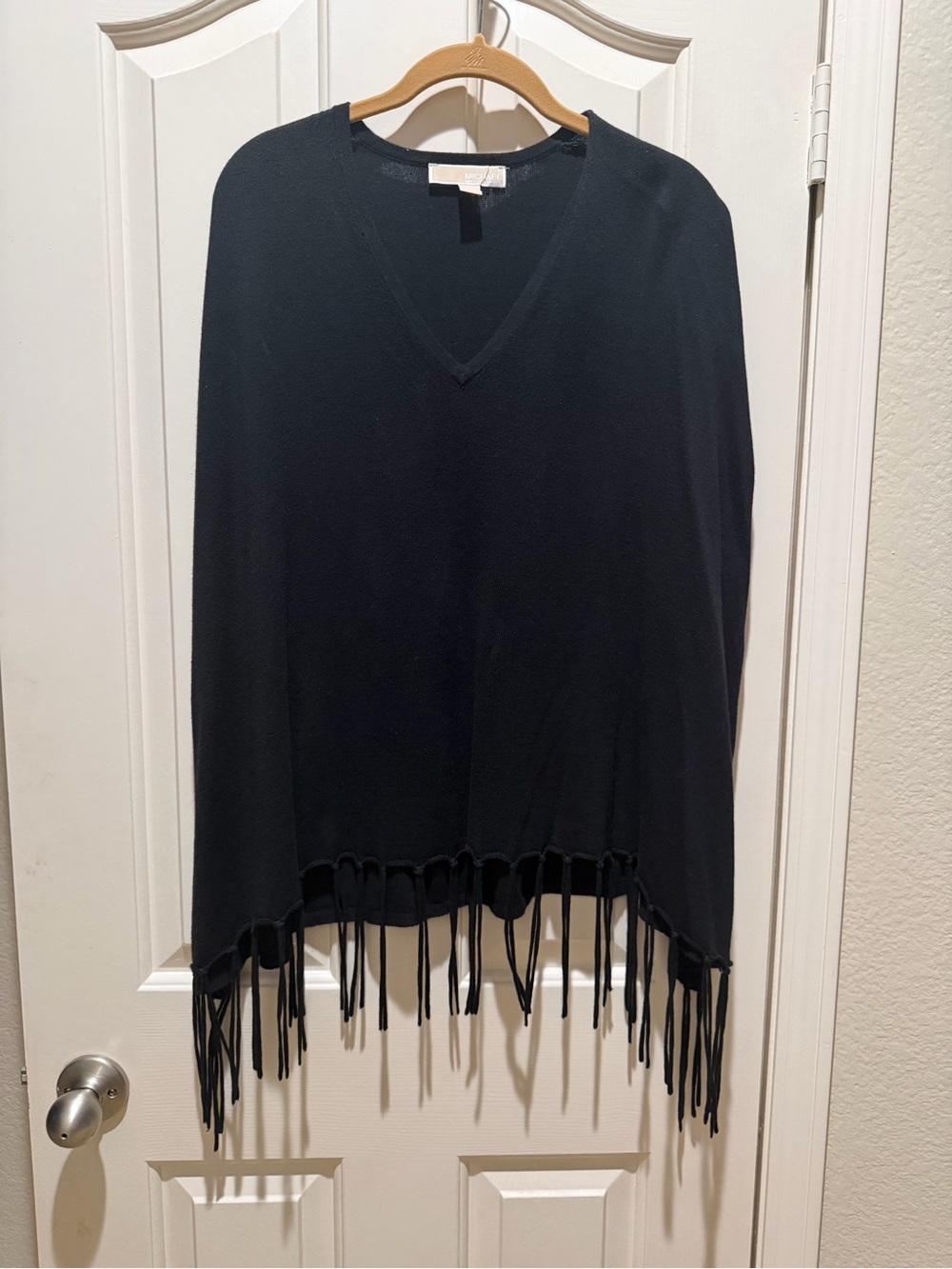 Fringed V-Neck Poncho Black